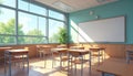 Bright, airy classroom with large windows flooding space with natural sunlight. Features rows of desks, chairs, blank whiteboard Royalty Free Stock Photo
