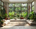 Bright and airy conservatory with floor-to-ceiling glass and tropical plants.3D render