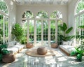 Bright and airy conservatory with floor-to-ceiling glass and tropical plants.3D render