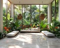 Bright and airy conservatory with floor-to-ceiling glass and tropical plants.3D render