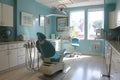 Bright and airy dental clinic with a blue patient chair and matching accents, reflecting a hygienic and inviting