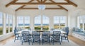 Elegant dining room with ocean view and vaulted ceiling Royalty Free Stock Photo