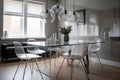 a bright and airy dining room with a mix of modern and traditional furniture, including a glass table and metal chairs