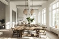 Bright, airy dining room with a rustic wooden table and wicker lamps