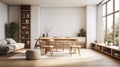 Bright, airy living room with white walls, wooden floors and Scandinavian minimalist furniture. Wooden dining table with Royalty Free Stock Photo