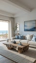 Serene coastal living room with a large sectional sofa and organic wood coffee table overlooking the ocean Royalty Free Stock Photo