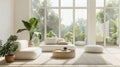 Bright, airy living space with modern minimalist flair, large windows, soft hues, and refreshingly lush indoor greenery