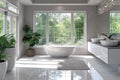 Bright and Airy Modern Bathroom with Large Windows and Lush Plant Decor Royalty Free Stock Photo
