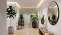 Bright hallway with potted plants and oval mirror interior modern Royalty Free Stock Photo