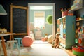A bright and airy playroom with a large chalkboard and plenty of toys. Generative Ai