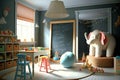 A bright and airy playroom with a large chalkboard and plenty of toys. Generative Ai