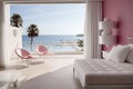 A bright, airy room with modern furniture, overlooking a serene beach and blue sky, exuding calm and luxury, ai generative