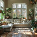 Bright and airy sunroom filled with plants and natural light Royalty Free Stock Photo