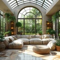 Bright and airy sunroom filled with plants and natural light3D render Royalty Free Stock Photo