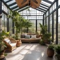 A bright and airy sunroom with lots of plants, wicker furniture, and natural light1 Royalty Free Stock Photo