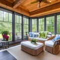 7 A bright and airy sunroom with lots of windows, a wicker seating area, and lots of greenery2, Generative AI