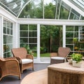 10 A bright and airy sunroom with plenty of natural light, indoor plants, and wicker furniture1, Generative AI Royalty Free Stock Photo
