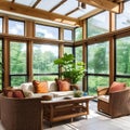 10 A bright and airy sunroom with plenty of natural light, indoor plants, and wicker furniture5, Generative AI Royalty Free Stock Photo