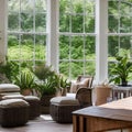10 A bright and airy sunroom with plenty of natural light, indoor plants, and wicker furniture2, Generative AI Royalty Free Stock Photo