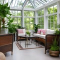 10 A bright and airy sunroom with plenty of natural light, indoor plants, and wicker furniture4, Generative AI Royalty Free Stock Photo