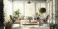 Bright and airy sunroom with wicker furniture and indoor plants. Generative AI Royalty Free Stock Photo