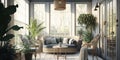 Bright and airy sunroom with wicker furniture and indoor plants. Generative AI Royalty Free Stock Photo