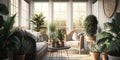 Bright and airy sunroom with wicker furniture and indoor plants. Generative AI Royalty Free Stock Photo