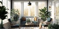 Bright and airy sunroom with wicker furniture and indoor plants. Generative AI Royalty Free Stock Photo