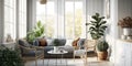 Bright and airy sunroom with wicker furniture and indoor plants. Generative AI Royalty Free Stock Photo