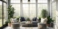 Bright and airy sunroom with wicker furniture and indoor plants. Generative AI Royalty Free Stock Photo