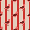 Bright animal seamless pattern with pink simple birds ornament. Grey and red striped background Royalty Free Stock Photo