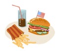 Bright Appetizing American Fast Food. Burger, Fries And Cola. Vector Illustration In Cartoon Style Can Be Used For Menus, Recipes