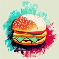 Bright appetizing hamburger. Colorful bright saturated picture. Multicolor illustration. AI-generated