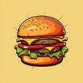 bright, appetizing illustration of a burger in retro style, AI Generated