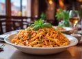 bright and appetizing photo in a cozy restaurant. Perfectly cooked pasta