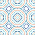 Bright Aqua, Orange and Blue Tie-Dye Shibori Sunburst Kaleidoscope Mirrored Hexagon Mandala Vector Seamless Pattern