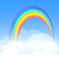 Bright arched rainbow with blue sky and white clouds. Vector Royalty Free Stock Photo