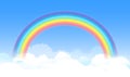 Bright arched rainbow with blue sky and white clouds. Vector