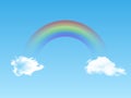 Bright arched rainbow with clouds realistic on blue background. Vector illustration