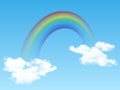 Bright arched rainbow with clouds realistic on blue background. Vector illustration