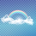 Bright arched rainbow with clouds realistic vector illustration on transparent background.