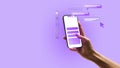 Bright artwork. Hand holding smartphone with floating purple chat windows and data interface elements Royalty Free Stock Photo