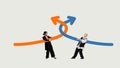Bright artwork. Two people pulling opposite tangled orange and blue arrows with tension Royalty Free Stock Photo