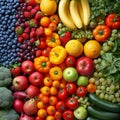 A bright assortment of fresh, colorful fruits and vegetables close up. Fruit and vegetable background. Delicious and Royalty Free Stock Photo