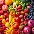 A bright assortment of fresh, colorful fruits and vegetables close up. Fruit and vegetable background. Delicious and Royalty Free Stock Photo