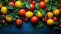 Bright assortment of red and yellow tomatoes nestled among vibrant green leaves, fresh and dewy.