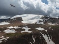 Bright atmospheric scenery on top of spotted snow mountain ridge under dark clouds. Beautiful landscape with fly eagle above