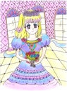 Bright attractive blonde young girl shoujo anime manga style in blue purple ball gown children`s illustration 2021