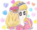 Bright attractive blonde young girl shoujo anime manga style in pink gown with exotic tiara color illustration 2021