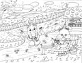 Bright attractive cartoon bunny rabbits going fishing by riverside children`s coloring page illustration 2021